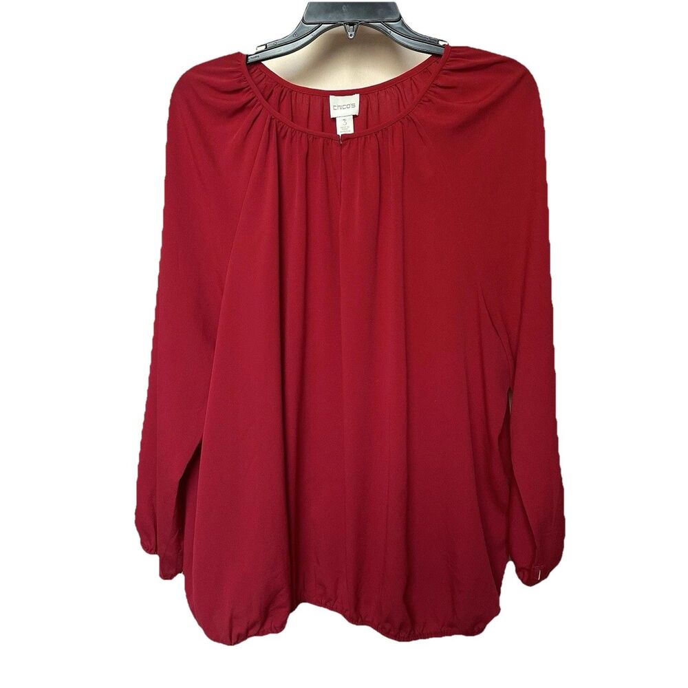 CHICO's Top XL 3 Long Sleeve Red Pullover Gathered Hem & Cuffs Career Holidays